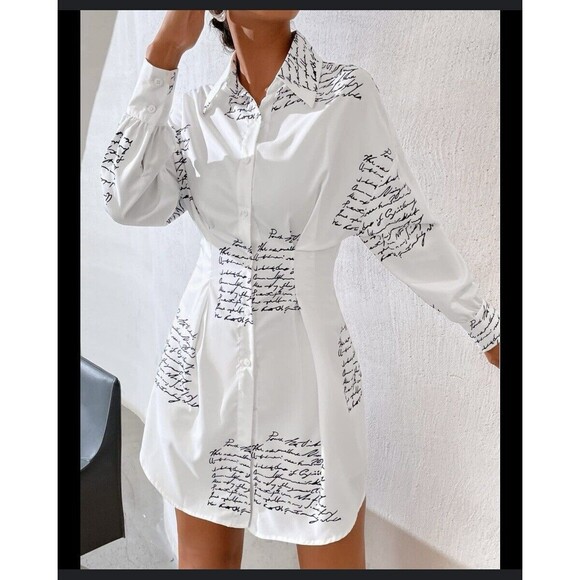 Spoon Jeans Long Sleeve Button Up Shirt Dress Women's Med White Black Script - Picture 14 of 16